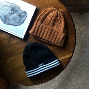 Set of beanies, adidas and prana